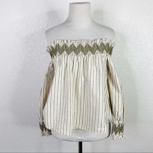 Anthropologie Vanessa Virginia Natural and Green Striped Off The Shoulder Blouse